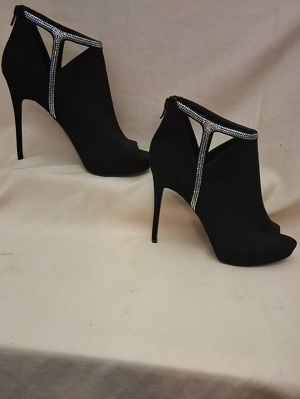 Aldo Black Rhinestone-Trim Peep Toe Stiletto Booties